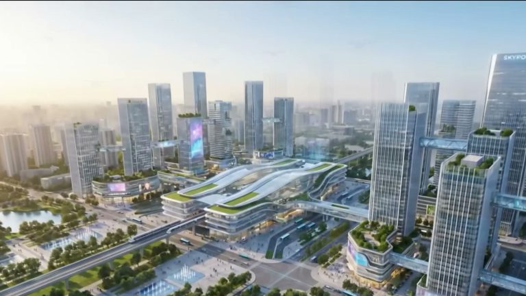 Phối cảnh một trung tâm đô thị gắn với nhà ga đường sắt đô thị trong phim quy hoạch Thủ đô Hà Nội