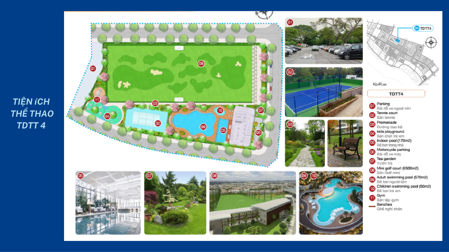 Mặt bằng cụm thể thao TDTT4 với sân tennis, ba bể bơi và sân golf mini tại Eurowindow Light City