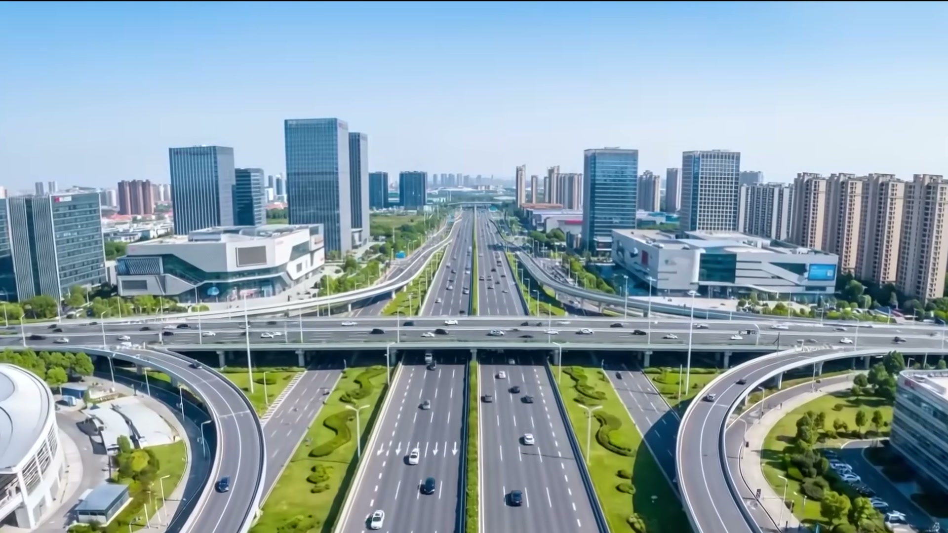 Phối cảnh một nút giao nhiều tầng với đại lộ nhiều làn xe trong phim quy hoạch Thủ đô