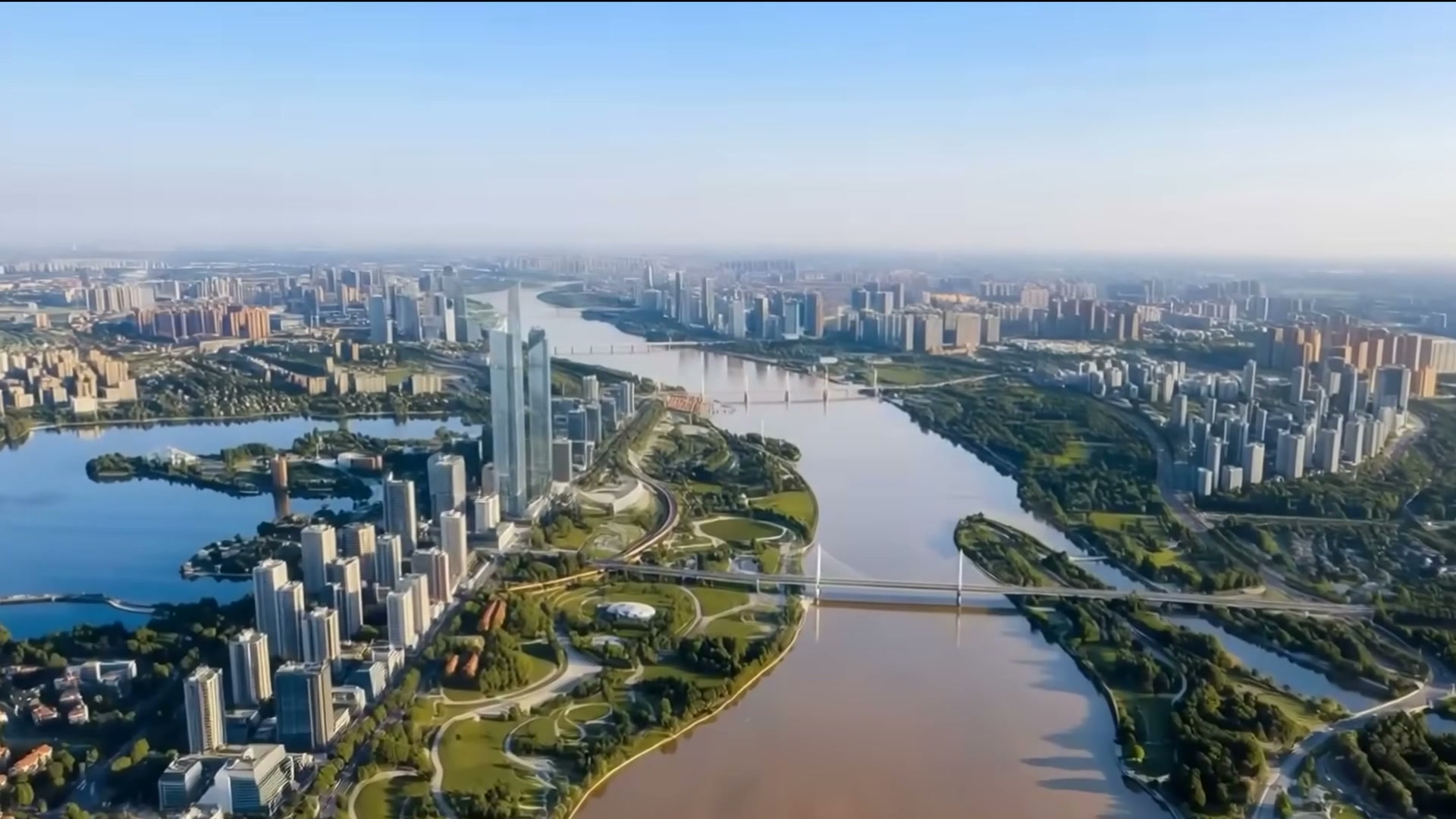 Phối cảnh sông Hồng với công viên và đô thị hai bên bờ, minh hoạ định hướng lấy sông Hồng làm trục cảnh quan